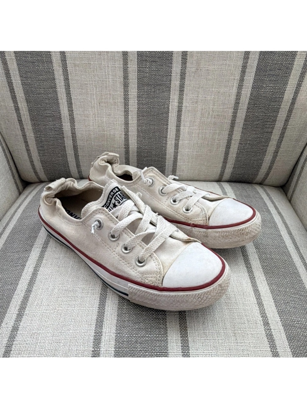 Converse Low-Top Canvas Sneakers in White with Red Accent